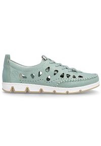 Skórzane półbuty damskie ażurowe zielone Rieker 49956-52. Kolor: zielony. Materiał: skóra. Wzór: ażurowy #1