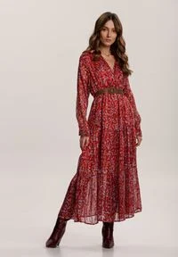 Renee - Bordowa Sukienka Ferridan. Kolor: czerwony. Wzór: kwiaty, aplikacja. Długość: midi