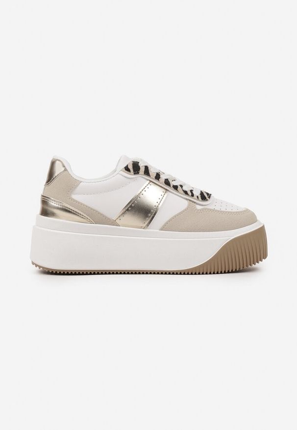 Renee - Biało-Beżowe Sneakersy na Platformie z Metalicznym Zdobieniem i Printem w Zebrę Fonarien. Okazja: na co dzień. Kolor: biały. Materiał: jeans. Wzór: aplikacja, motyw zwierzęcy, nadruk. Obcas: na platformie. Wysokość obcasa: średni