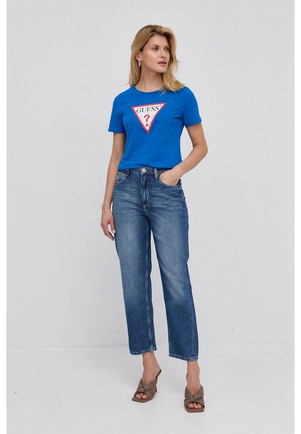 Guess Jeansy bawełniane damskie high waist. Stan: podwyższony. Kolor: niebieski