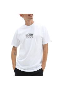 Koszulka Vans Transfixed 3 VN0006CUWHT1 - biała. Kolor: biały. Materiał: materiał, bawełna. Długość rękawa: krótki rękaw. Długość: krótkie. Wzór: aplikacja