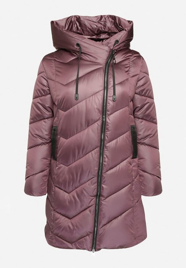 Born2be - Ciemnofioletowa Pikowana Kurtka z Kapturem i Kieszeniami na Napy Inasia. Okazja: na co dzień. Typ kołnierza: kaptur. Kolor: fioletowy. Materiał: tkanina, jeans. Sezon: zima. Styl: casual, elegancki