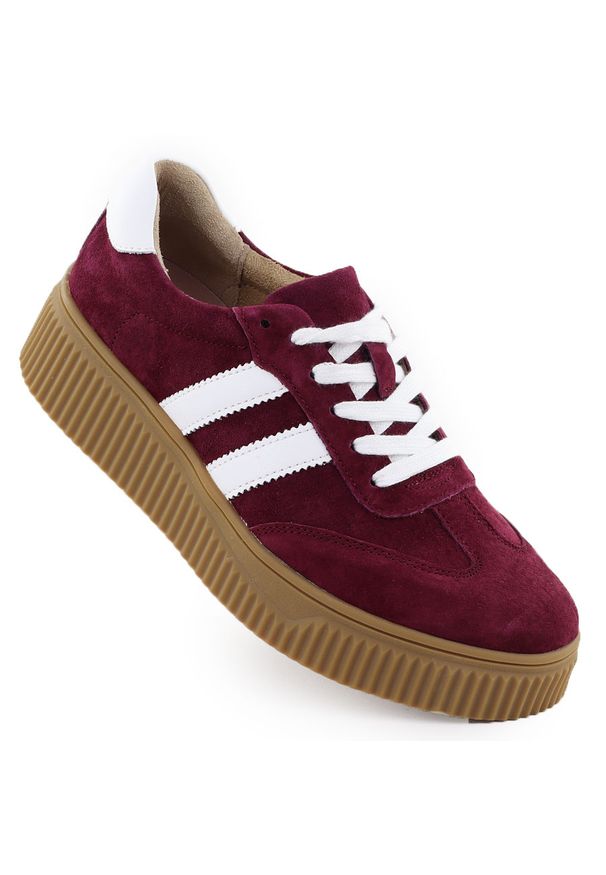 Skórzane półbuty damskie zamszowe na platformie bordowe Filippo DP6776. Okazja: na co dzień. Kolor: czerwony. Materiał: skóra. Obcas: na platformie. Styl: casual, sportowy