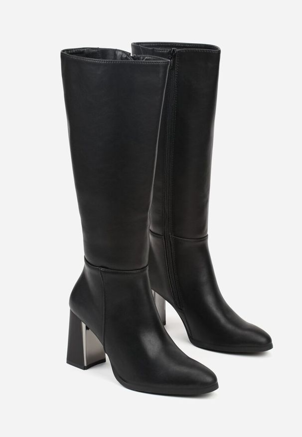 Renee - Czarne Kozaki VICES do Kolana ze Skóry Naturalnej na Metalicznym Słupku Zenilla. Kolor: czarny. Materiał: skóra. Obcas: na słupku