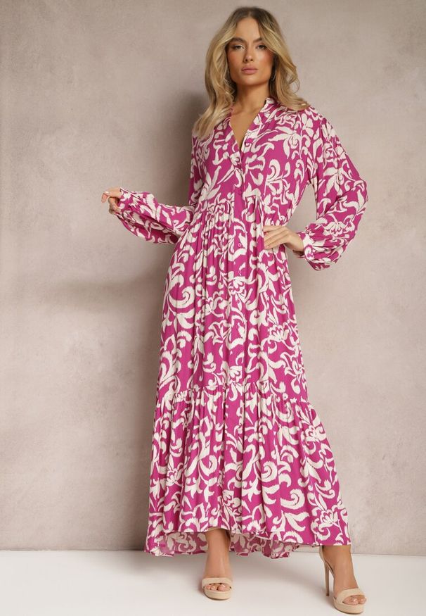 Renee - Fuksjowa Rozkloszowana Sukienka Maxi z Wiskozy o Koszulowym Kroju w Ornamentalny Print Leonorra. Kolor: różowy. Materiał: wiskoza. Wzór: nadruk. Typ sukienki: koszulowe. Długość: maxi