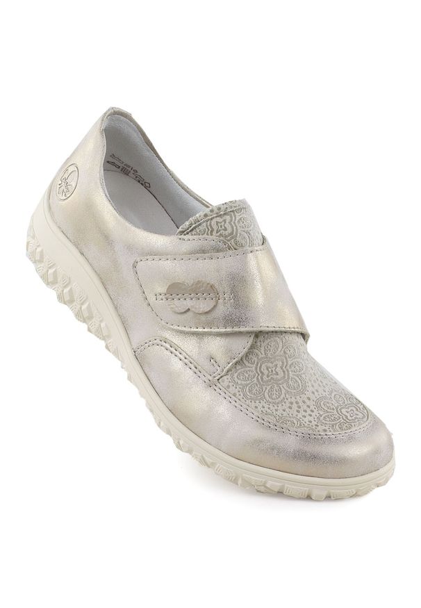 Półbuty damskie na rzep komfortowe beżowo złote Rieker 59552-62. Zapięcie: rzepy. Kolor: złoty, beżowy, wielokolorowy. Materiał: skóra ekologiczna