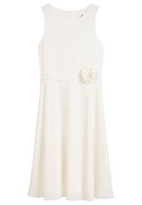 bonprix - Sukienka z kwiatową aplikacją. Kolor: biały. Materiał: satyna. Wzór: kwiaty, aplikacja. Sezon: lato #1