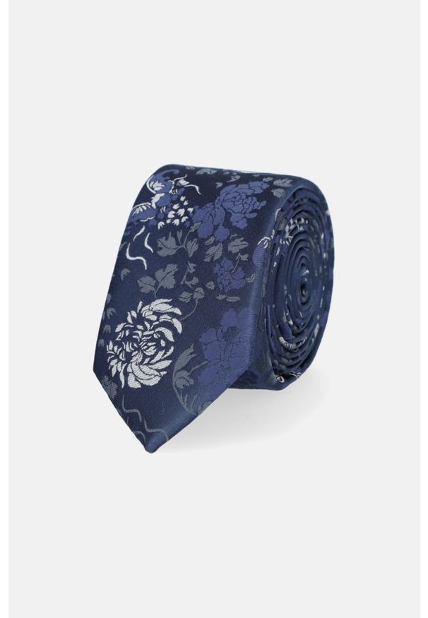 Lancerto - Krawat Granatowy w Kwiaty. Kolor: niebieski. Materiał: poliester. Wzór: kwiaty