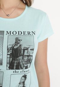 Born2be - Miętowy Bawełniany T-shirt z Nadrukiem i Brokatem Kruita. Kolor: miętowy. Materiał: bawełna. Długość rękawa: krótki rękaw. Długość: krótkie. Wzór: nadruk #4