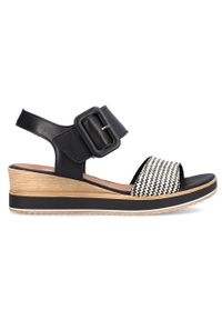 Skórzane komfortowe sandały na koturnie na rzep Remonte D6453-01 czarne. Zapięcie: rzepy. Kolor: czarny. Materiał: skóra. Obcas: na koturnie #10