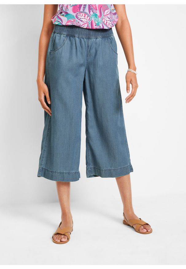 bonprix - Lekkie spodnie culotte z wygodnym paskiem w talii, z lyocellu. Kolor: niebieski. Materiał: materiał, lyocell. Sezon: lato