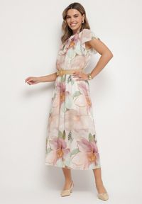 Born2be - Beżowa Sukienka o Rozkloszowanym Kroju z Wiązaniem przy Dekolcie i Paskiem Sorilina. Okazja: na co dzień. Kolor: beżowy. Długość rękawa: krótki rękaw. Wzór: kwiaty. Styl: casual, elegancki #7