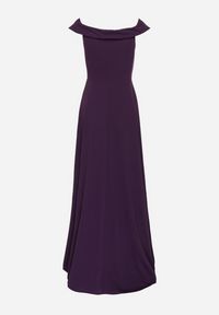 Born2be - Fioletowa Koktajlowa Rozkloszowana Sukienka z Hiszpańskim Dekoltem i Rozcięciem na Nogę Gralia. Okazja: na ślub cywilny, na wesele, na studniówkę. Kolor: fioletowy. Typ sukienki: rozkloszowane. Styl: wizytowy #3