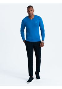 Ombre Clothing - Elegancki sweter męski BASIC V-neck z wiskozą – niebieski V19 OM - Rozmiar: XL. Kolor: niebieski. Materiał: wiskoza. Wzór: haft. Styl: elegancki #2