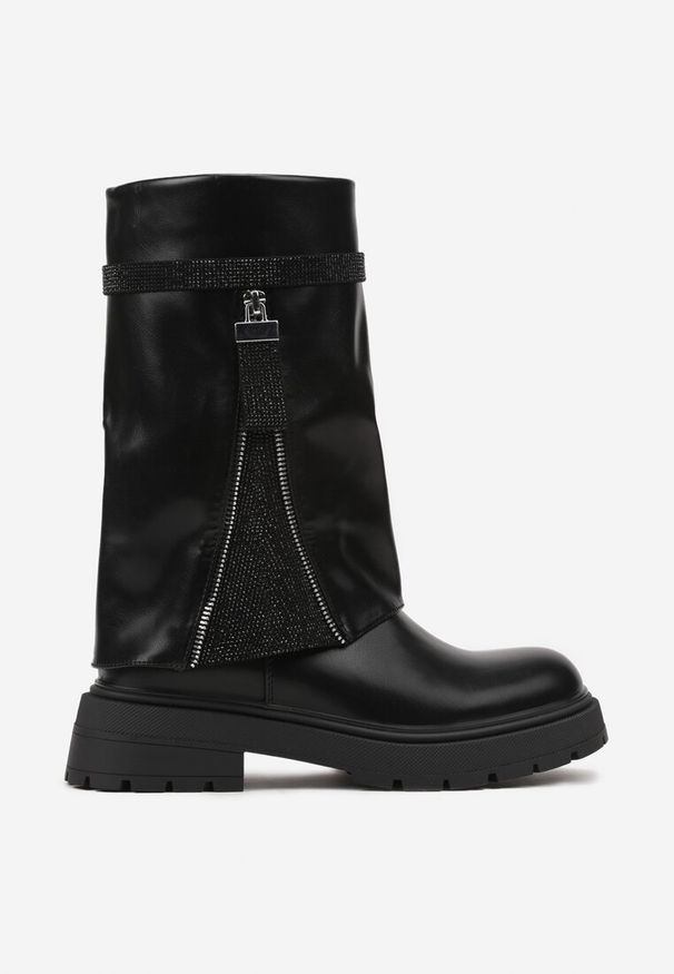 Born2be - Czarne Botki z Wywiniętą Cholewką i Ozdobnymi Cyrkoniami Erisiene. Okazja: na spacer. Kolor: czarny. Materiał: wełna, jeans, materiał. Szerokość cholewki: normalna. Sezon: jesień, zima. Styl: elegancki, wizytowy, klasyczny