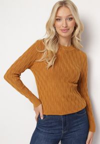 Born2be - Jasnobrązowy Klasyczny Sweter z Tłoczonym Zdobieniem Nainea. Okazja: na co dzień. Kolor: brązowy. Wzór: aplikacja. Styl: klasyczny #4