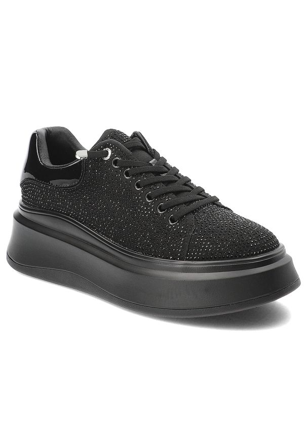 GOE - Czarne Sneakersy Goe Modne Obuwie Damskie Na Platformie. Okazja: na co dzień. Kolor: czarny. Materiał: lakier, materiał. Wzór: aplikacja. Obcas: na platformie
