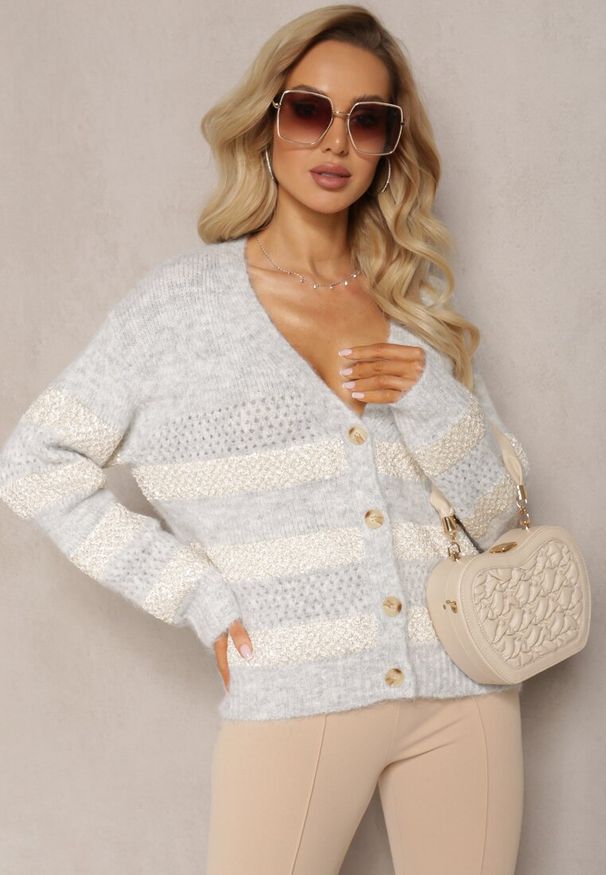Renee - Szary Rozpinany Kardigan z Domieszką Wełny i Cekinami Bleria. Kolor: szary. Materiał: wełna. Styl: elegancki