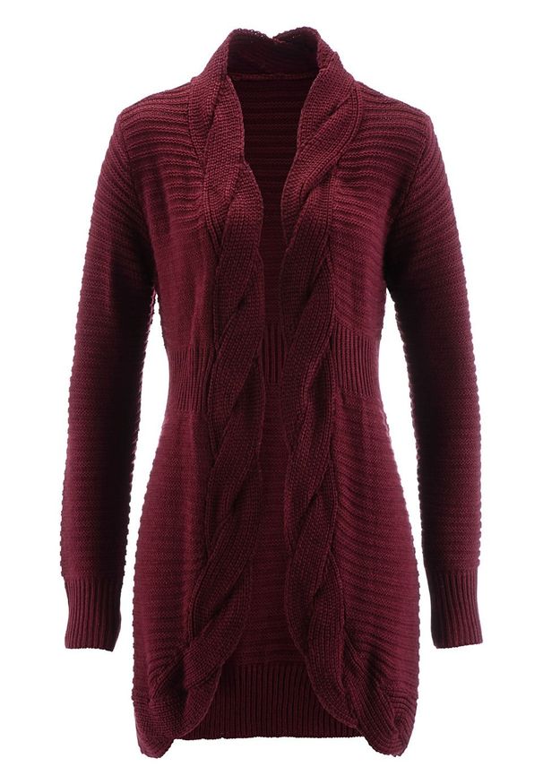 Długi sweter bez zapięcia bonprix czerwony klonowy. Kolor: czerwony. Materiał: ze splotem. Długość: długie