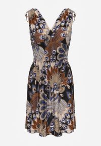 Renee - Czarno-Niebieska Sukienka Phoebothoe. Okazja: na spacer. Kolor: czarny. Długość rękawa: bez rękawów. Wzór: kolorowy, aplikacja. Sezon: lato. Typ sukienki: kopertowe. Styl: wakacyjny. Długość: mini #5