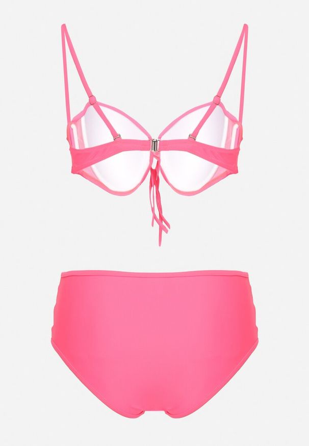 Born2be - Różowe Bikini Biustonosz i Majtki Figi z Wysokim Stanem Zdobione Siateczką Kinetia. Stan: podwyższony. Kolor: różowy. Wzór: aplikacja
