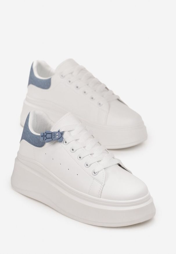 Renee - Biało-Niebieskie Sneakersy przed Kostkę na Platformie Phani. Wysokość cholewki: przed kostkę. Kolor: biały. Obcas: na platformie