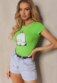 Renee - Jasnozielony T-shirt z Bawełny z Ozdobnym Nadrukiem Janesto. Kolor: zielony. Materiał: bawełna. Wzór: nadruk. Sezon: lato