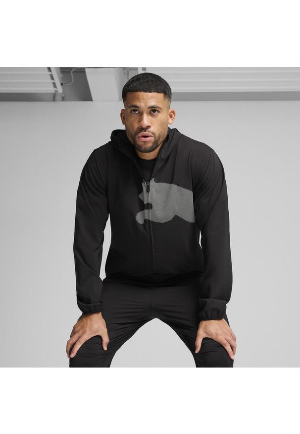 Puma - Męska kurtka z tkaniny Train All Day z dużym logo PUMA. Kolor: wielokolorowy, szary, fioletowy, czarny. Materiał: tkanina. Sport: bieganie