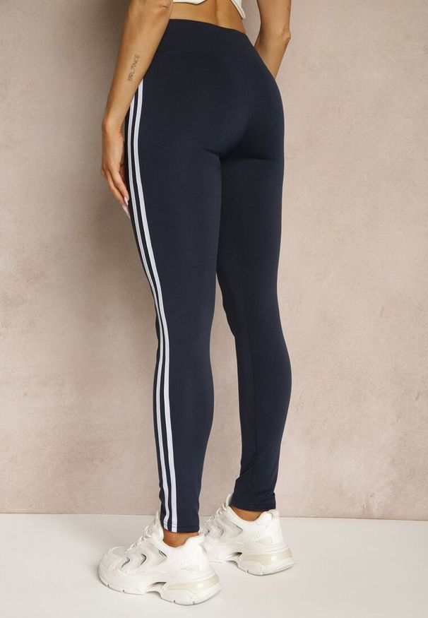 Renee - Granatowe Legginsy Ozdobione Lampasami Puelle. Kolor: niebieski. Materiał: tkanina. Wzór: aplikacja
