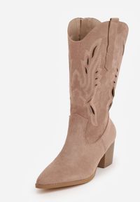 Renee - Ciemnobeżowe Ażurowe Botki Kowbojki VICES na Słupku Falenatea. Okazja: na co dzień. Kolor: beżowy. Materiał: jeans. Wzór: ażurowy. Sezon: wiosna. Obcas: na słupku. Styl: casual, elegancki, klasyczny #5