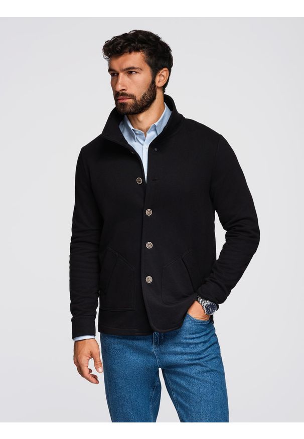 Ombre Clothing - Męska bluza zapinana na guziki ze stójką – czarna V6 - Rozmiar: XXL. Okazja: na co dzień. Typ kołnierza: kołnierzyk stójkowy. Kolor: czarny. Materiał: bawełna, poliester. Styl: elegancki, casual