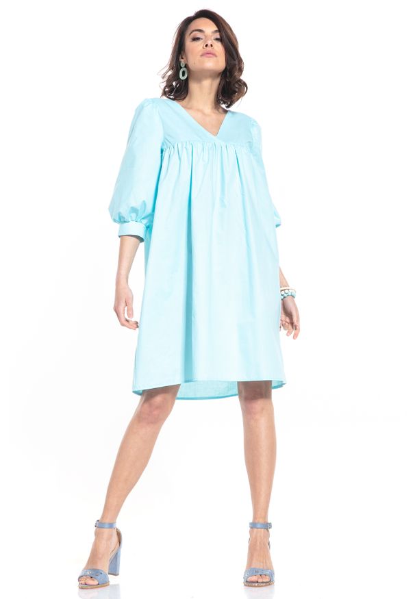 Tessita - Midi Sukienka z Bufiastym Rękawem - Jasnoniebieska. Kolor: niebieski. Materiał: bawełna. Długość: midi