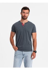 Ombre Clothing - T-shirt męski z rozpinanym okrągłym dekoltem henley – granatowy V5. Okazja: na co dzień. Typ kołnierza: typu henley. Kolor: niebieski. Materiał: poliester, bawełna. Styl: casual #4