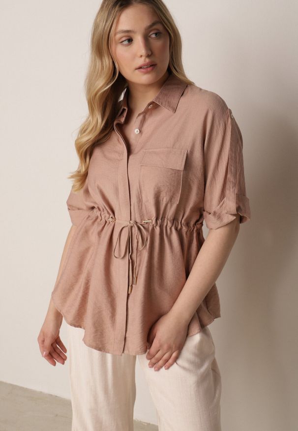 Born2be - Beżowa Nietoperzowa Koszula Safari z Bawełną z Wiązaniem w Talii Tierona. Okazja: do pracy, na co dzień, na spotkanie biznesowe. Kolor: beżowy. Materiał: bawełna. Długość: długie. Styl: biznesowy, casual