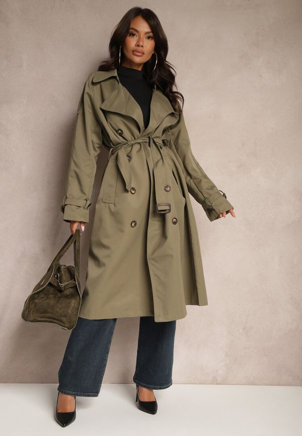 Renee - Zielony Oversizowy Płaszcz Trencz o Dwurzędowym Kroju z Paskiem Darinella. Okazja: na co dzień. Kolor: zielony. Materiał: jeans. Styl: casual, elegancki