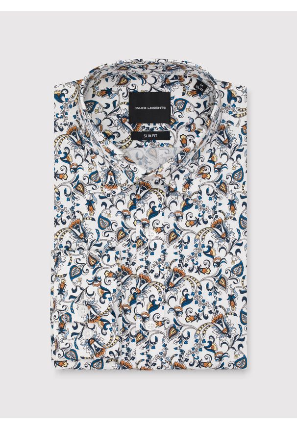 Pako Lorente - PAK LORENTE - Biała koszula męska kolorowe kwiaty. Kolor: biały. Materiał: elastan, bawełna. Długość rękawa: długi rękaw. Długość: długie. Wzór: kolorowy, kwiaty. Sezon: jesień