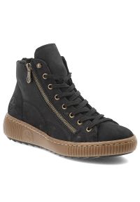 Czarne Botki Rieker Ocieplane Płaskie Buty Damskie. Okazja: na co dzień. Zapięcie: sznurówki. Kolor: czarny. Materiał: materiał. Szerokość cholewki: normalna. Styl: casual #1