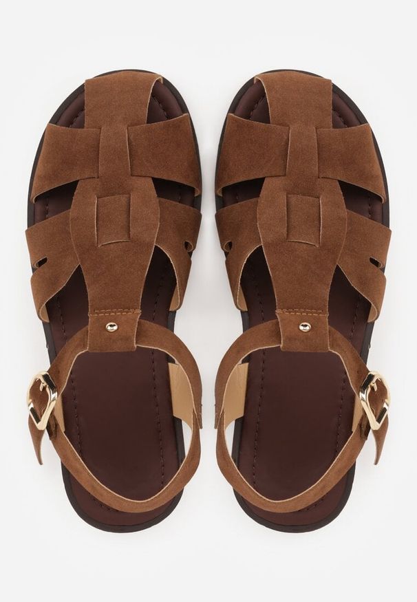 Renee - Brązowe Sandały Gladiatorki z Imitacji Nubuku Zapinane na Sprzączkę Briannea. Zapięcie: sprzączka. Kolor: brązowy. Materiał: nubuk. Wzór: haft. Sezon: lato. Styl: elegancki