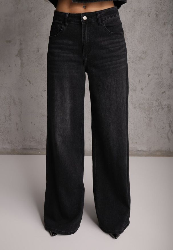 Renee - Czarne Szerokie Jeansy Palazzo z Bawełną High Waist Zinnasira. Okazja: na co dzień, na spacer. Stan: podwyższony. Kolor: czarny. Styl: klasyczny, casual