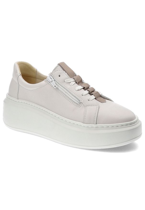 Białe Sneakersy Wasak Stylowe Buty Damskie Na Platformie. Zapięcie: sznurówki. Kolor: biały. Materiał: skóra. Wzór: grochy. Obcas: na platformie