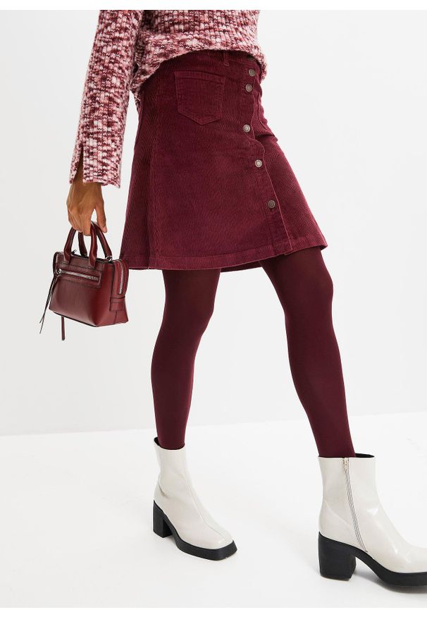 bonprix - Spódnica sztruksowa ze stretchem i plisą guzikową. Kolor: czerwony. Materiał: sztruks