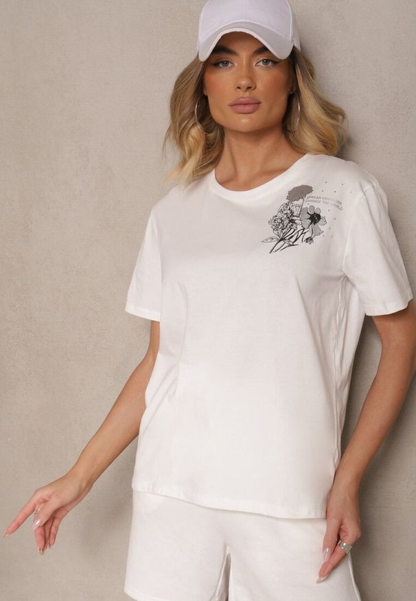 Renee - Biały Bawełniany T-shirt z Ozdobnym Nadrukiem i Cyrkoniami Teomala. Kolor: biały. Materiał: bawełna. Wzór: nadruk. Styl: klasyczny, elegancki