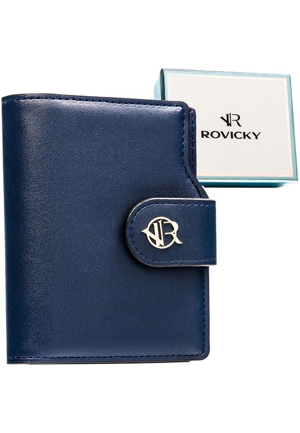 ROVICKY - Granatowy portfel damski ze skóry ekologicznej zamykany na zatrzask i suwak - Rovicky. Kolor: niebieski. Materiał: skóra ekologiczna