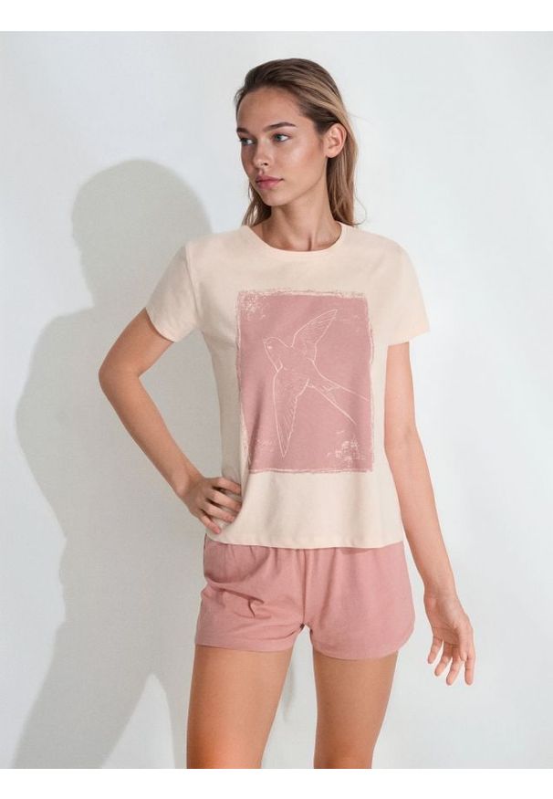 Sinsay - Bawełniana piżama dwuczęściowa z nadrukiem - różowy. Kolor: różowy. Materiał: bawełna. Wzór: nadruk