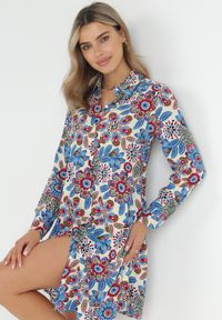 Born2be - Niebieska Sukienka Koszulowa w Kwiaty z Kieszeniami Eborene. Kolor: niebieski. Materiał: wiskoza, tkanina. Wzór: kwiaty. Typ sukienki: koszulowe. Długość: mini #5