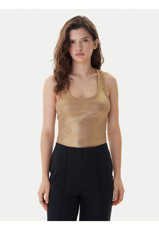 Karl Lagerfeld - KARL LAGERFELD Top B1W17087 Złoty Slim Fit. Typ kołnierza: dekolt w karo. Kolor: złoty. Materiał: bawełna