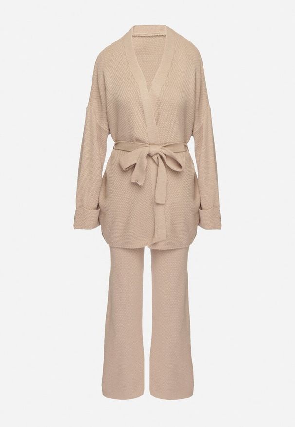 Born2be - Beżowy Dzianinowy Komplet ze Spodniami z Szeroką Nogawką i Kardiganem z Wiązanym Paskiem Edalinna. Kolor: szary. Materiał: dzianina