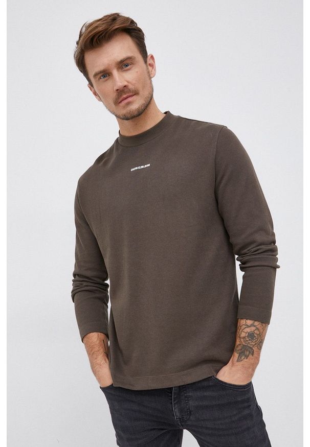 Calvin Klein Jeans - Longsleeve bawełniany. Okazja: na co dzień. Kolor: zielony. Materiał: bawełna. Długość rękawa: długi rękaw. Styl: casual