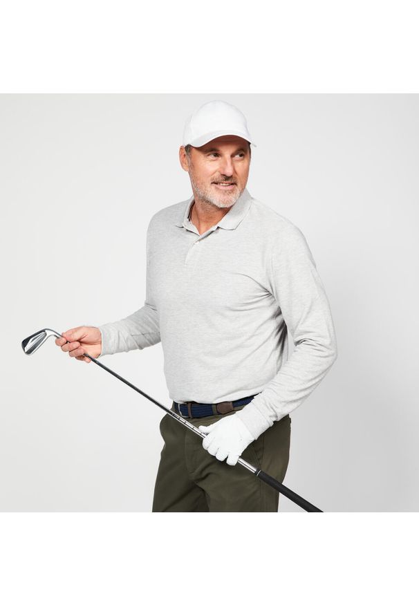 INESIS - Koszulka do golfa polo z długim rękawem męska MW500. Typ kołnierza: golf, polo. Kolor: szary. Materiał: poliester, bawełna, materiał. Długość rękawa: długi rękaw. Długość: długie. Styl: sportowy