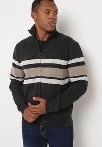 Born2be - Czarno-Brązowy Kardigan z Wełną na Suwak w Paski Ettessa. Okazja: na co dzień. Typ kołnierza: kołnierzyk stójkowy. Kolor: czarny. Materiał: wełna. Wzór: paski. Styl: klasyczny, casual, elegancki, sportowy #5